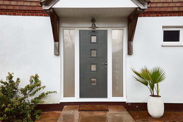 Barcalona contemporary front door with etched glass side panel