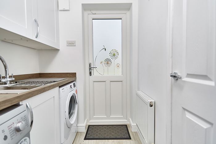 Back door with etched silver mist glass